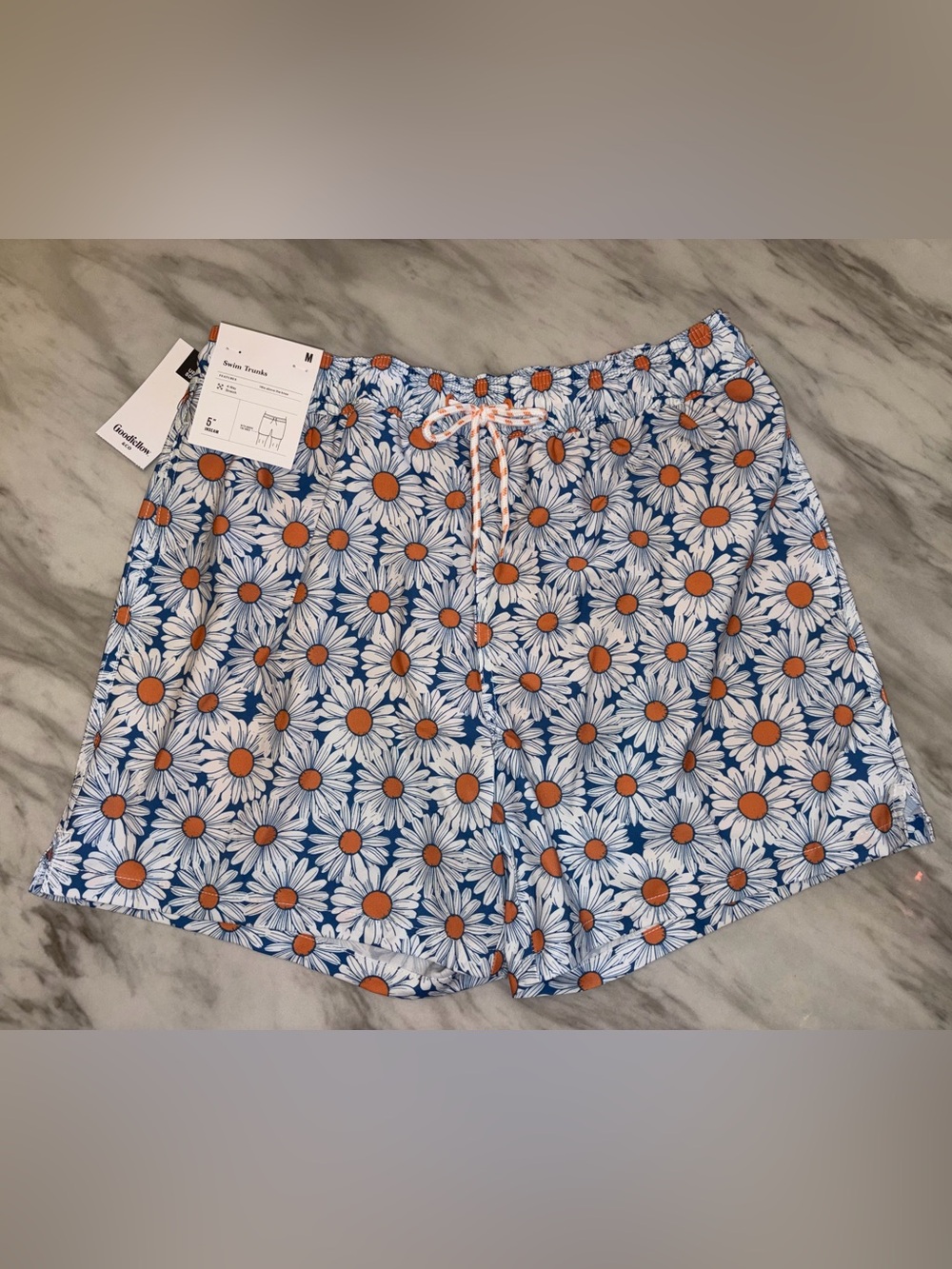 NWT Goodfellow & Co Daisy Floral Swim Trunks Men’s Medium Blue White Shorts